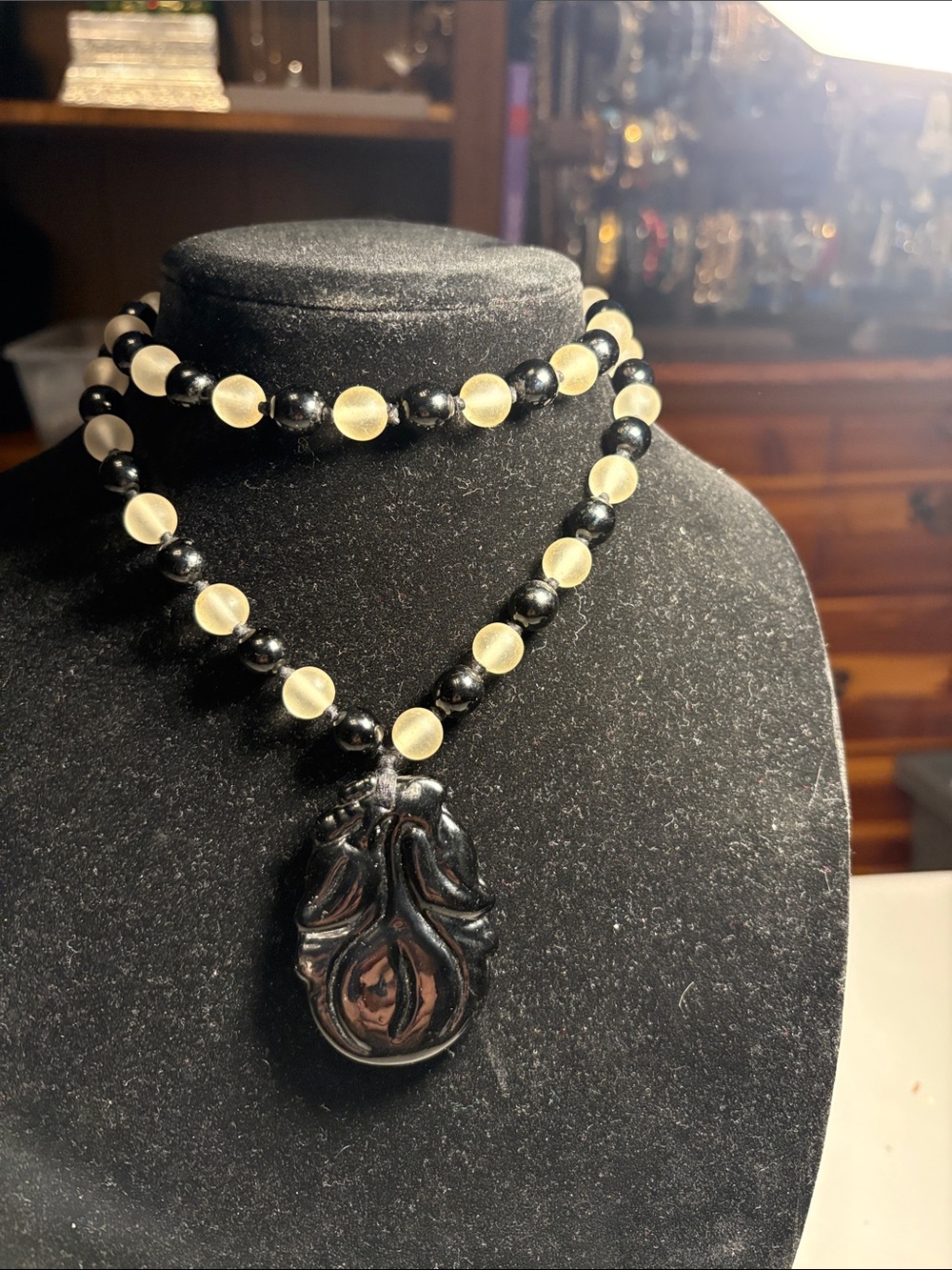 Black and Cream Beaded Pendant Necklace – Women’s Statement Jewelry
